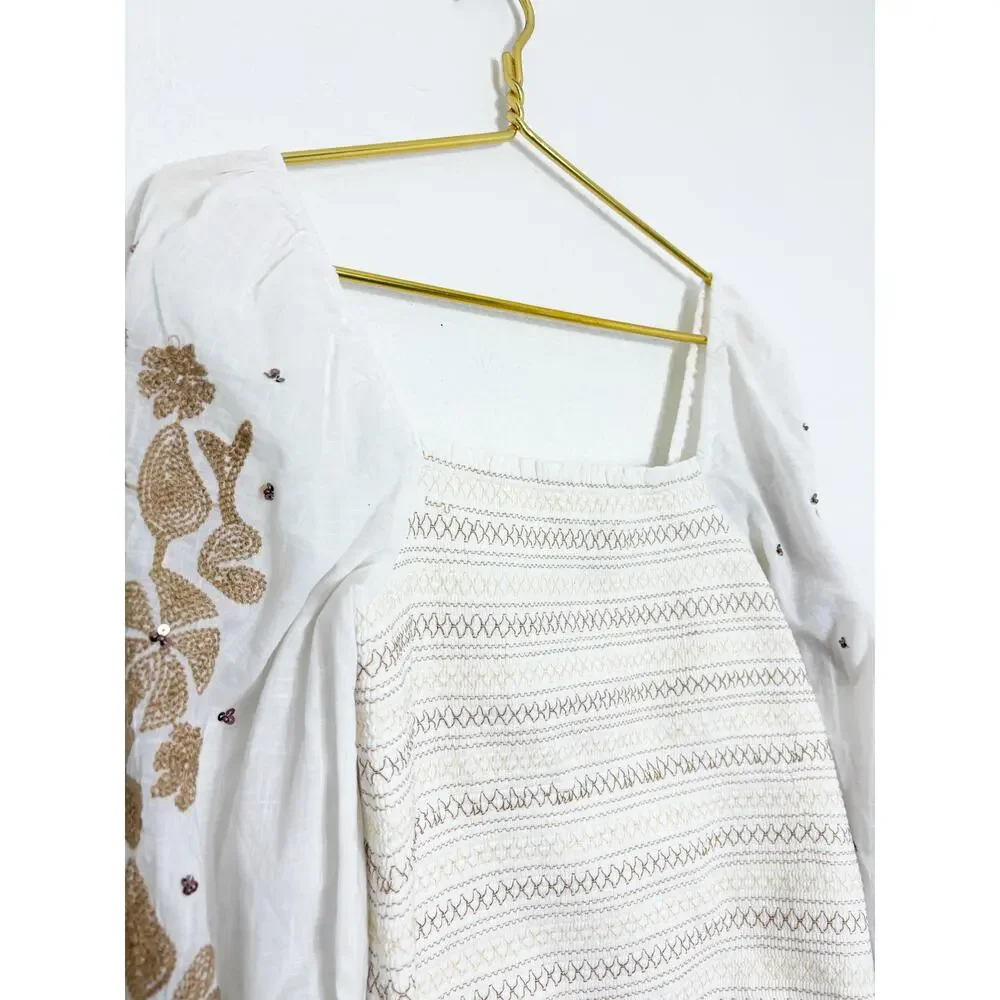 NWT Anthropologie Smocked Embroidered Top Size Small Cream Sequin Boho Chic